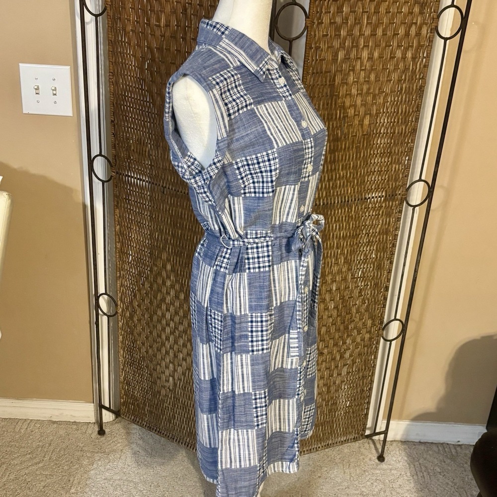 Tommy Hilfiger Blue Plaid Patchwork Sleeveless Shirt Dress Womens 8 Tie Waist - Picture 6 of 12